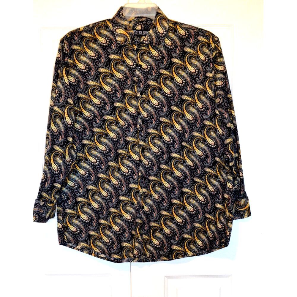 Stacy Adams Shirt Men's  17 32/33  Black Yellow Paisley Convertible French Cuffs - Picture 2 of 16